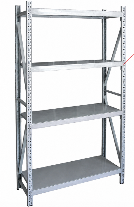 Medium duty storage rack with four adjustable steel shelves on white background
