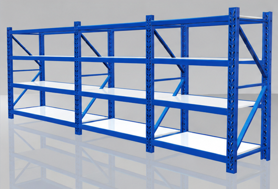Blue medium duty warehouse storage rack 3D rendering with multiple shelves