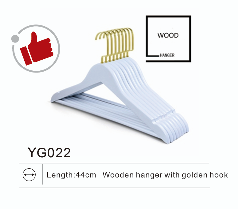 `White wooden clothes hanger YG022 with golden hook, 44cm length`