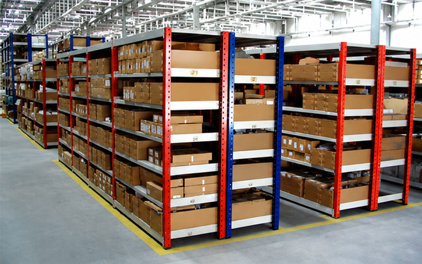 Red and blue warehouse shelving loaded with stacked cardboard cartons